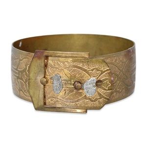 Antique Brass Buckle Bracelet Vintage Wide Bangle Etched Floral Pattern Estate
